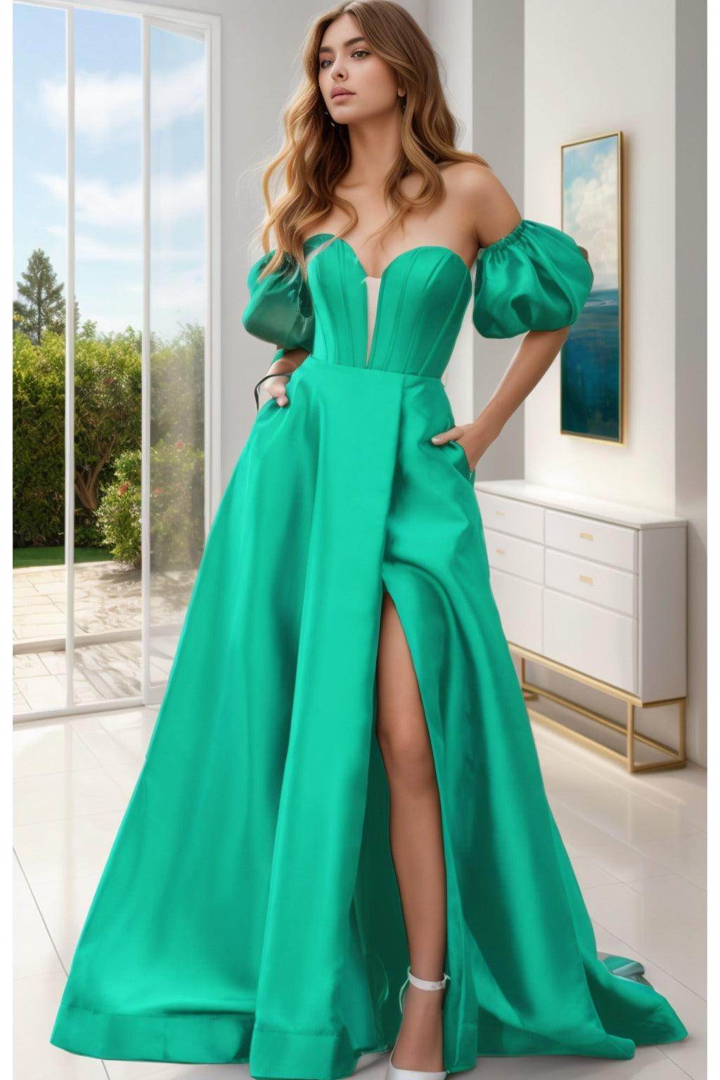 A-Line Sweep-Brush Train Satin Prom Dress CS0448 - COCOMELODY